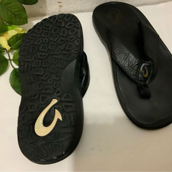 Olukai KUPUNA Men\'s Flip Flop Size 8 black leather top main image 8